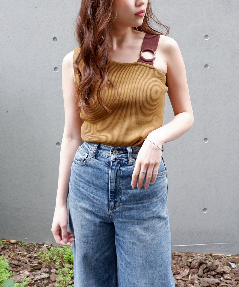 アシンメトリーノースリーブニットトップス 詳細画像 オレンジ 1