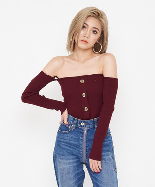 オフショルダーリブニットトップス