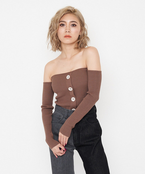 オフショルダーリブニットトップス 詳細画像