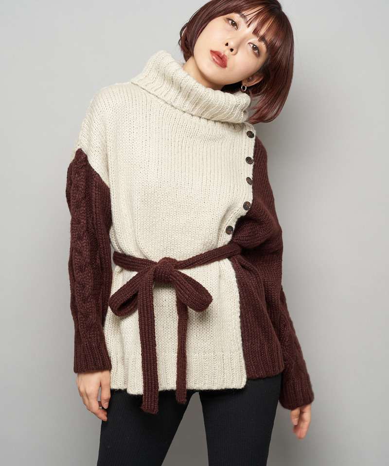 配色モヘアタッチタートルニット 詳細画像 ベージュ 1