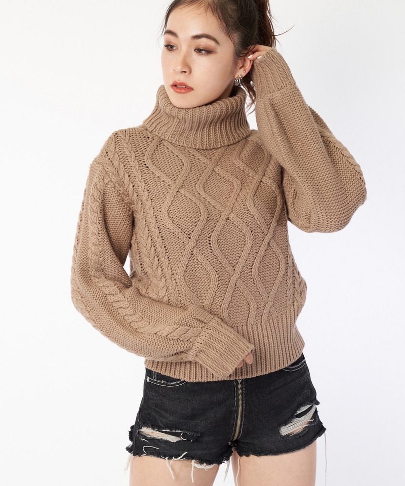 ケーブル編みタートルニットトップス 詳細画像 ベージュ 1