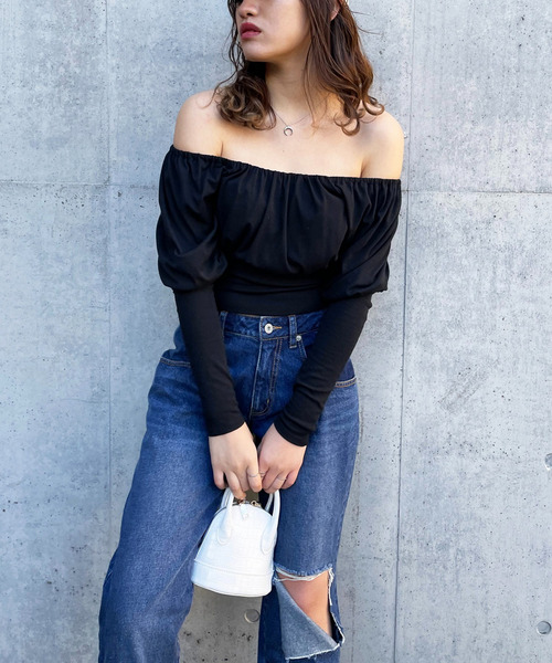 オフショルダーパフスリーブトップス 詳細画像