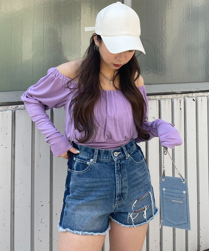 オフショルダーパフスリーブトップス 詳細画像 パープル 1