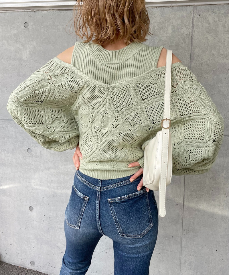 透かし編みニットセットアップ 詳細画像 グリーン 3