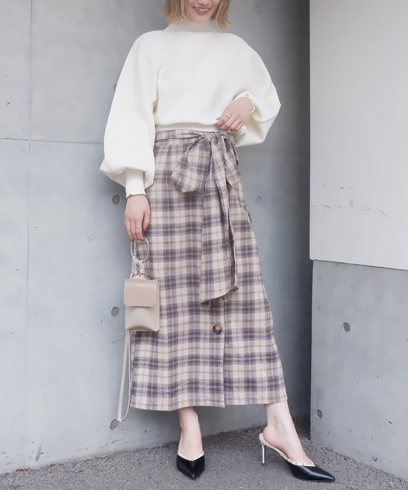 ウエストリボンチェック柄スカート 詳細画像 ベージュ系 1