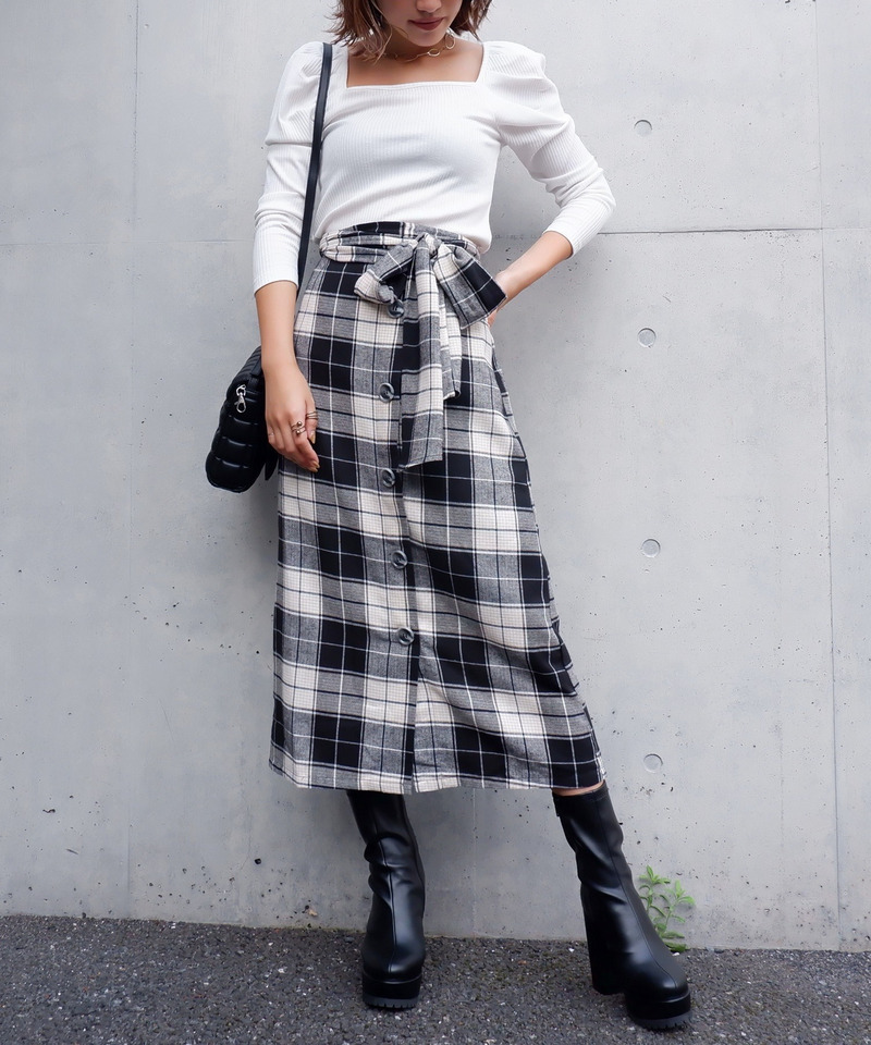 ウエストリボンチェック柄スカート 詳細画像 ブラック系 4