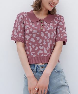 レオパード柄ジャガードポロニット