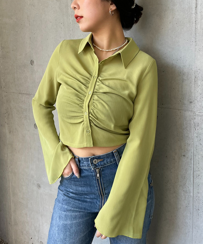 フロントギャザーコンパクトブラウス 詳細画像 グリーン 1