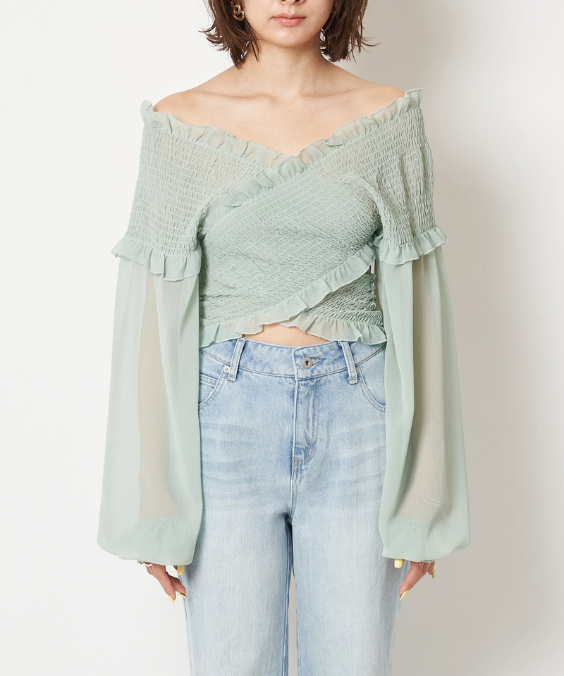ギャザーカシュクールブラウス 詳細画像 グリーン 3