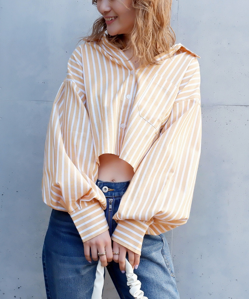 ショート丈ストライプシャツ 詳細画像 オレンジ系 1