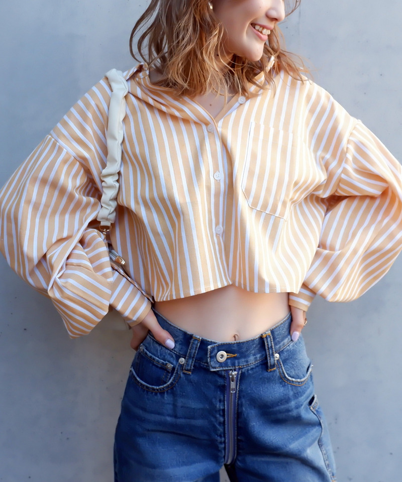 ショート丈ストライプシャツ 詳細画像 オレンジ系 2