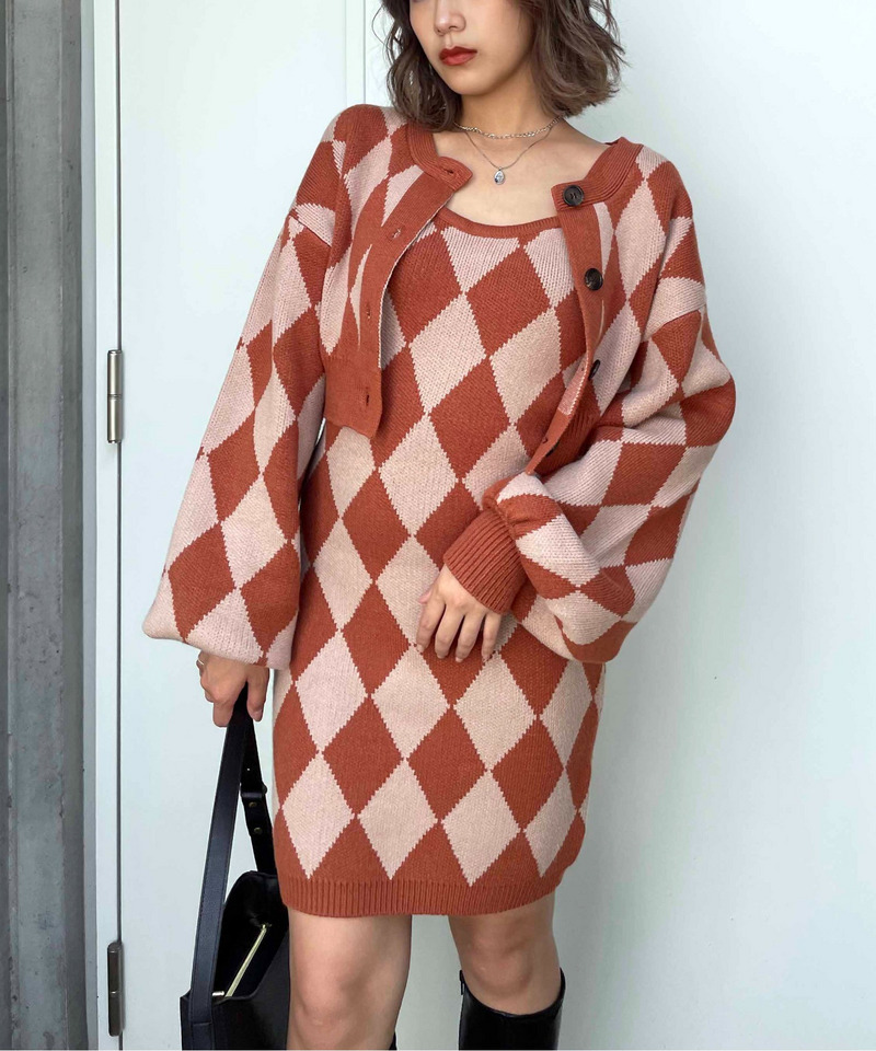 アーガイル柄アンサンブルニットワンピース 詳細画像 オレンジ系 1