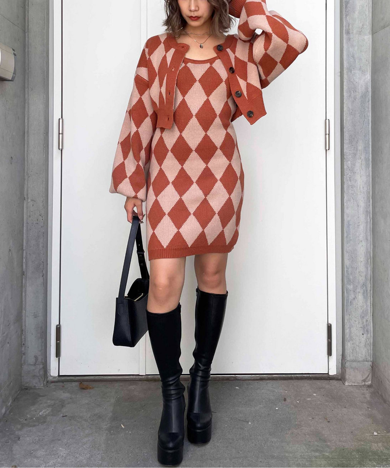 アーガイル柄アンサンブルニットワンピース 詳細画像 オレンジ系 2
