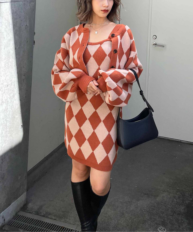 アーガイル柄アンサンブルニットワンピース 詳細画像 オレンジ系 3