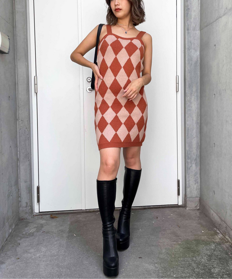 アーガイル柄アンサンブルニットワンピース 詳細画像 オレンジ系 5