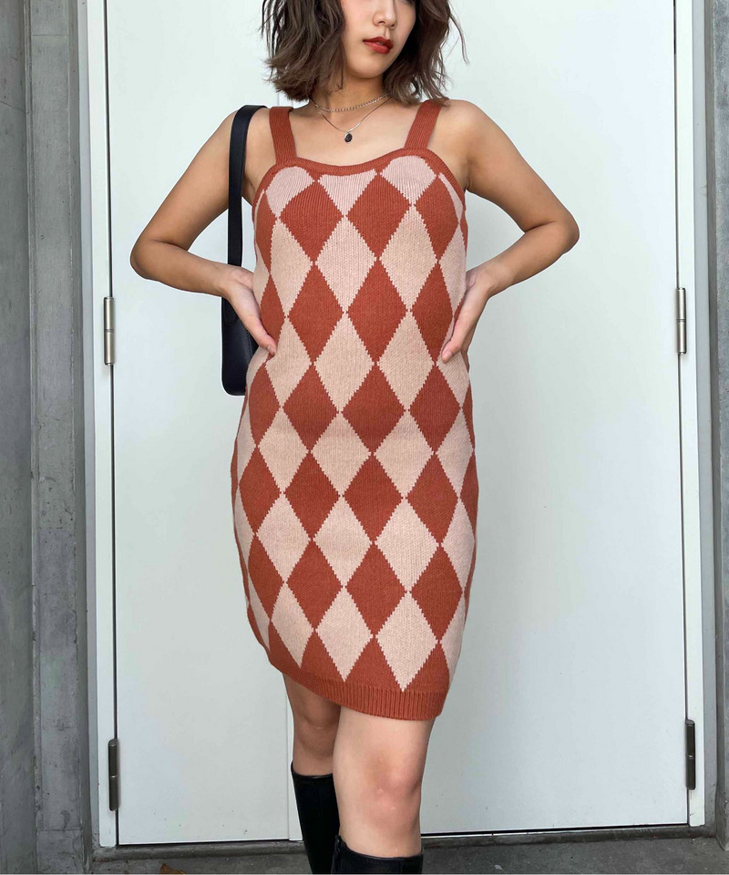 アーガイル柄アンサンブルニットワンピース 詳細画像 オレンジ系 6
