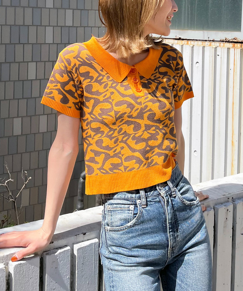 幾何学ロゴジャガードポロニット 詳細画像 オレンジ系 1