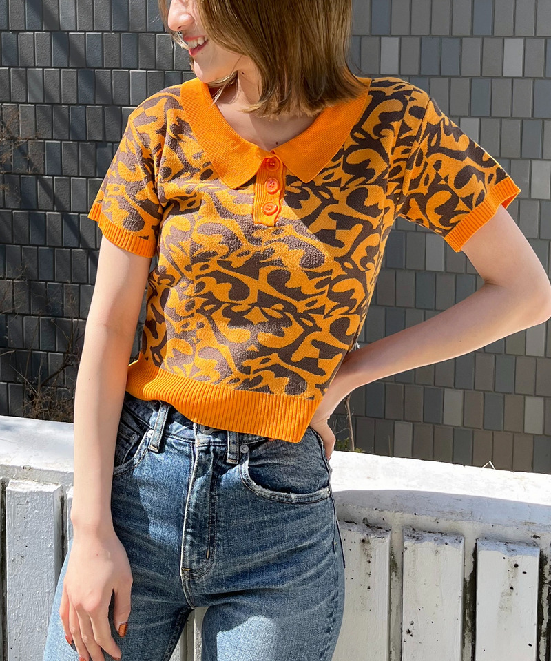 幾何学ロゴジャガードポロニット 詳細画像 オレンジ系 2