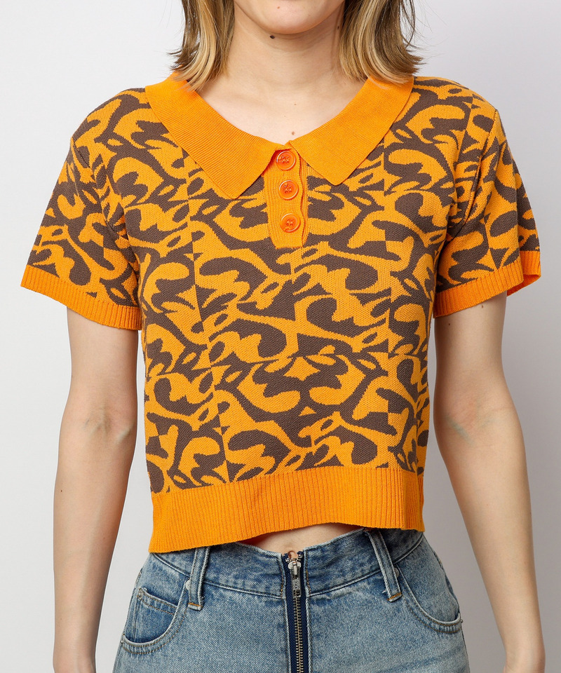 幾何学ロゴジャガードポロニット 詳細画像 オレンジ系 4