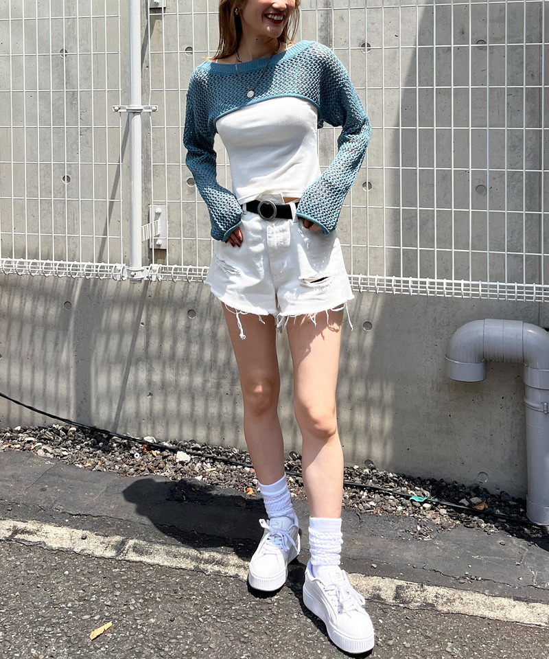 ショートメッシュニットトップス 詳細画像 ブルー 2