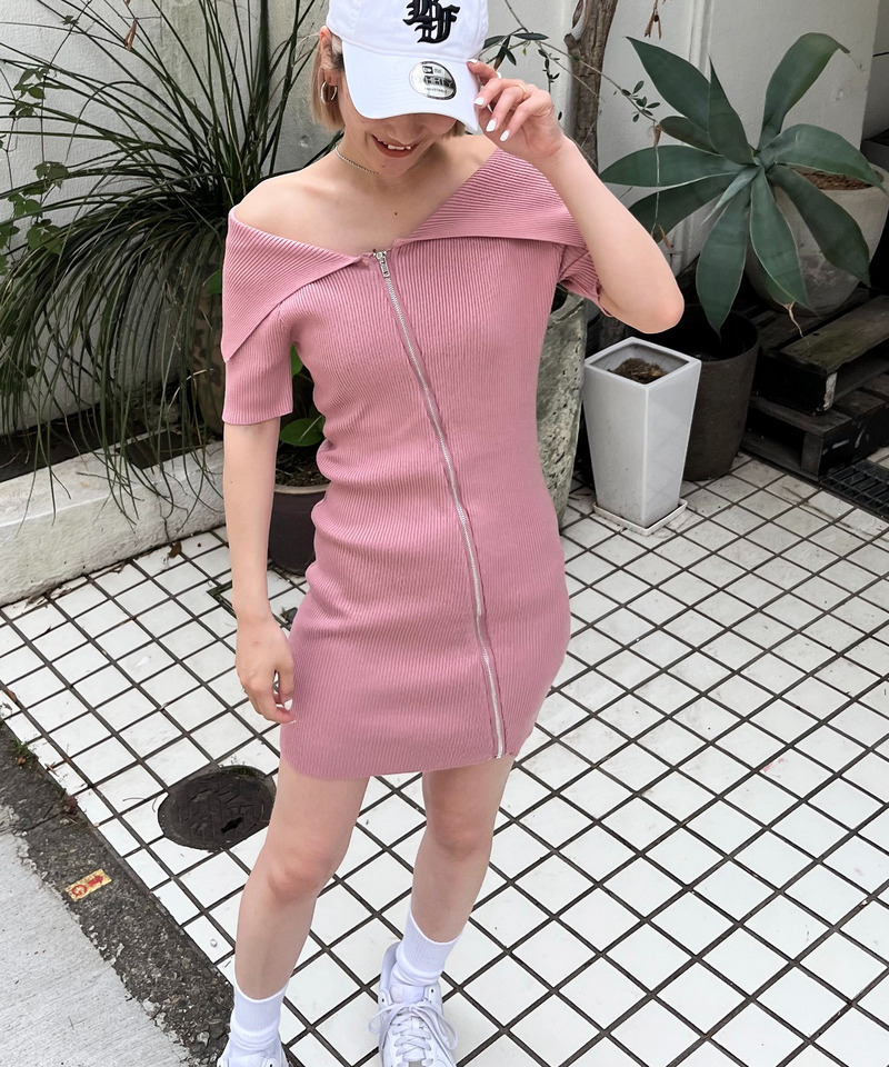 ビックカラーフルジップ半袖タイトリブワンピース 詳細画像 ピンク 1