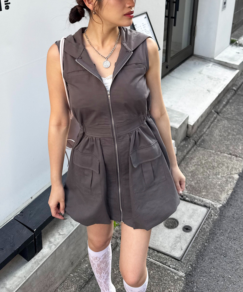 フード付きポケットバルーンワンピース 詳細画像 ブラック 1