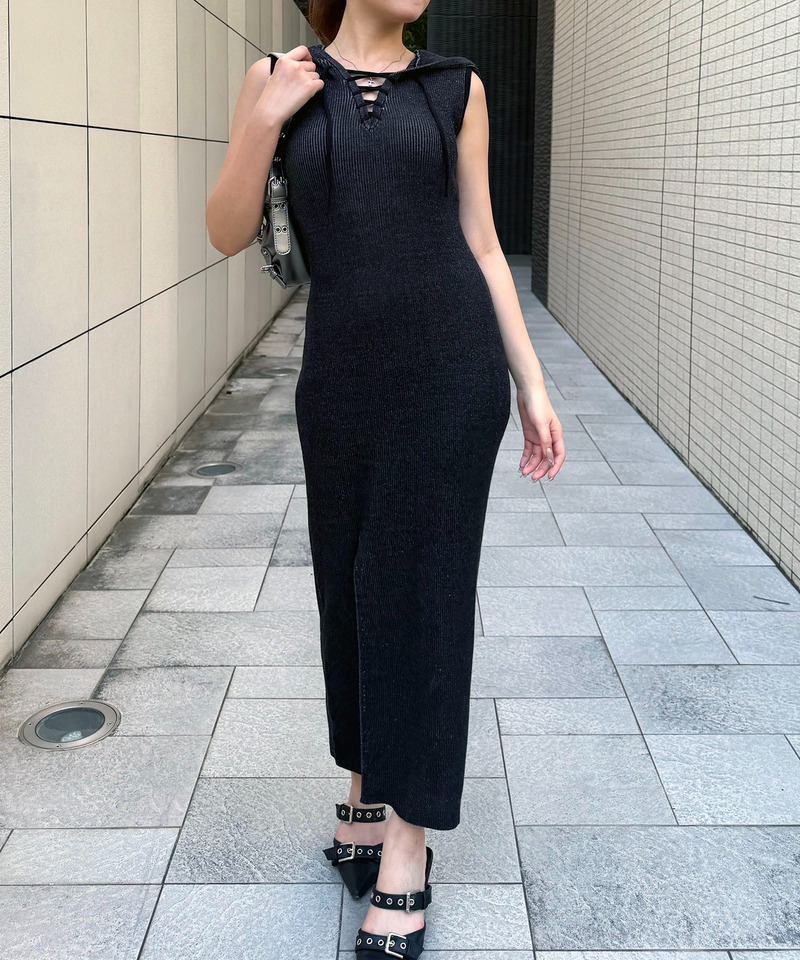 フード付きフロントレースアップロングワンピース 詳細画像 ブラック 1