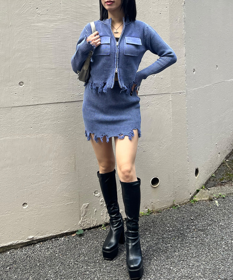 ピグメントダメージニットスカート 詳細画像 ブルー 2