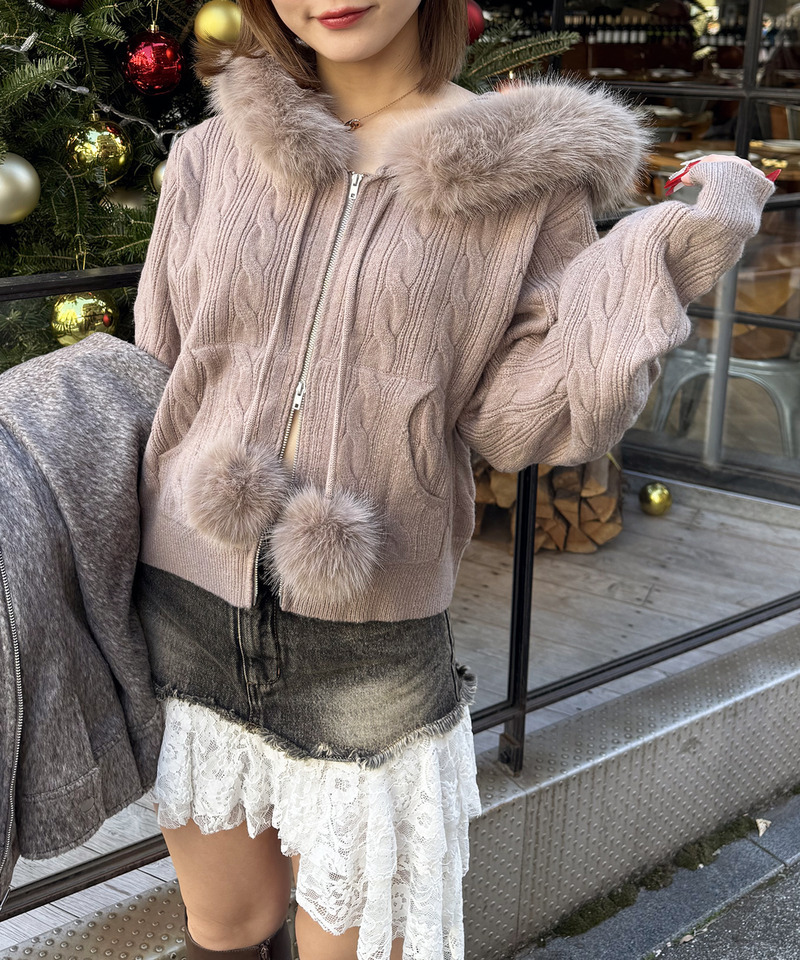 ぽんぽん付きケーブル編みニットショートパーカー 詳細画像 ベージュ 1