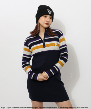 【MLB】マルチボーダーハーフZIPリブニットワンピース