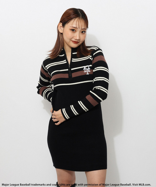 【MLB】マルチボーダーハーフZIPリブニットワンピース 詳細画像