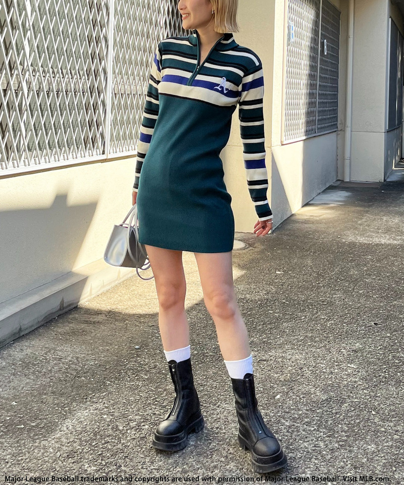 【MLB】マルチボーダーハーフZIPリブニットワンピース 詳細画像 グリーン 6