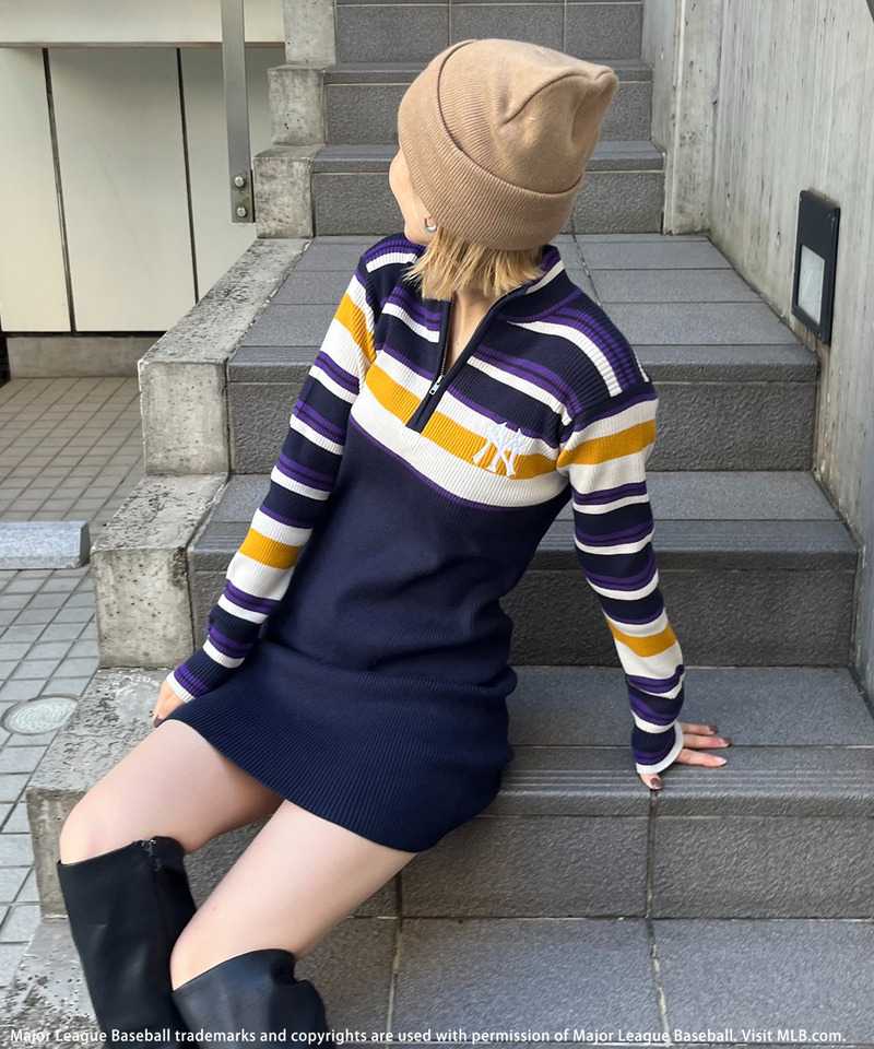 【MLB】マルチボーダーハーフZIPリブニットワンピース 詳細画像 ネイビー 2