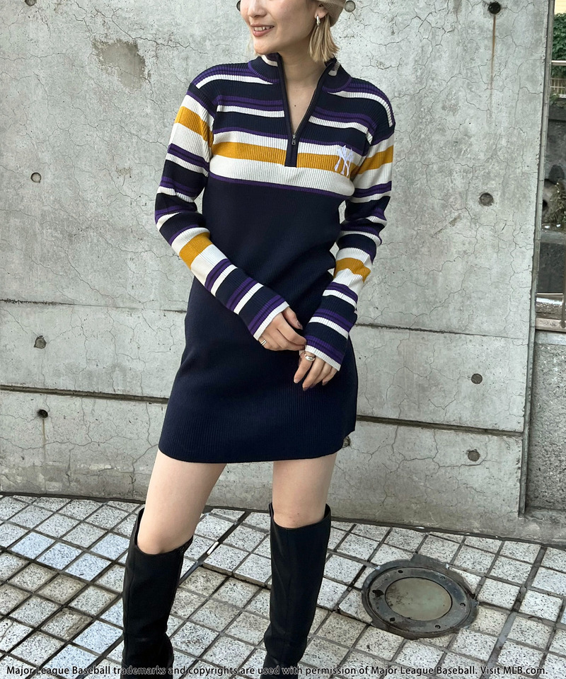 【MLB】マルチボーダーハーフZIPリブニットワンピース 詳細画像 ネイビー 3