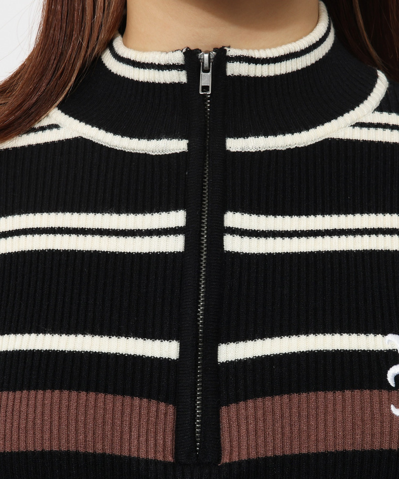 【MLB】マルチボーダーハーフZIPリブニットワンピース 詳細画像 ブラック 10