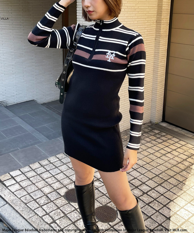 【MLB】マルチボーダーハーフZIPリブニットワンピース 詳細画像 ブラック 2