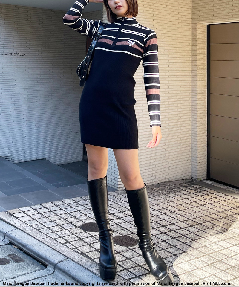 【MLB】マルチボーダーハーフZIPリブニットワンピース 詳細画像 ブラック 3