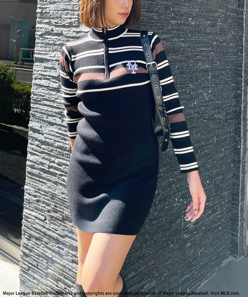 【MLB】マルチボーダーハーフZIPリブニットワンピース 詳細画像 ブラック 4