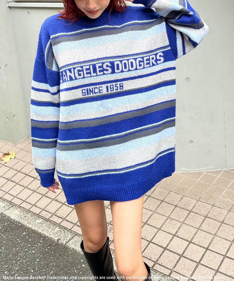 【MLB】マルチボーダージャガードニットワンピース 詳細画像 ブルー 1