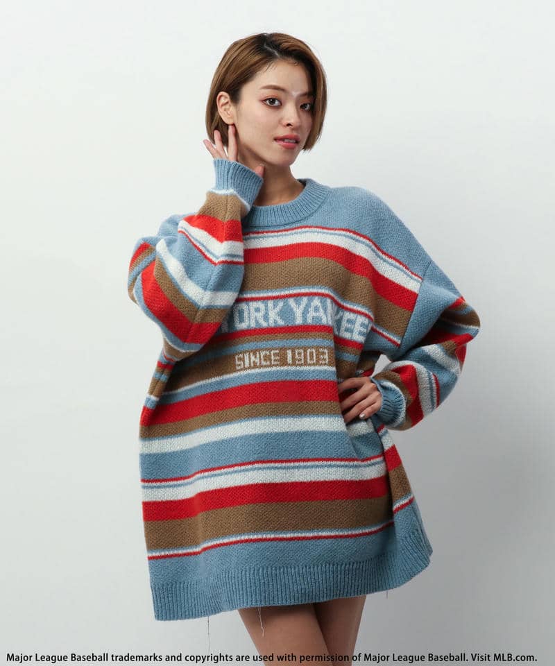 【MLB】マルチボーダージャガードニットワンピース 詳細画像 ブルー系 10