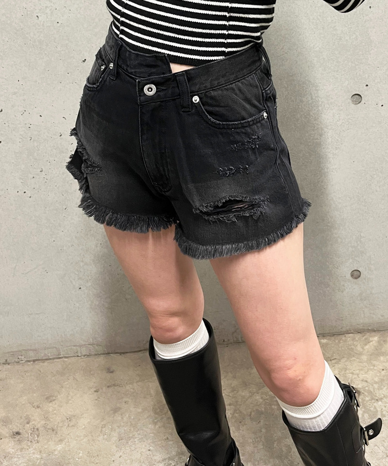 PATOU　パトゥ　ブラックデニムショートパンツ Patou | コットンデニム ミニショートパンツ