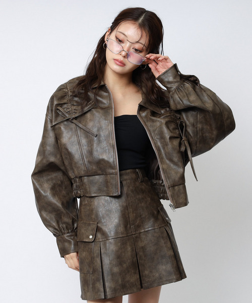 合皮ギャザーショートジャケット 詳細画像