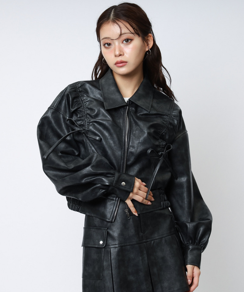 合皮ギャザーショートジャケット 詳細画像 ブラック 3