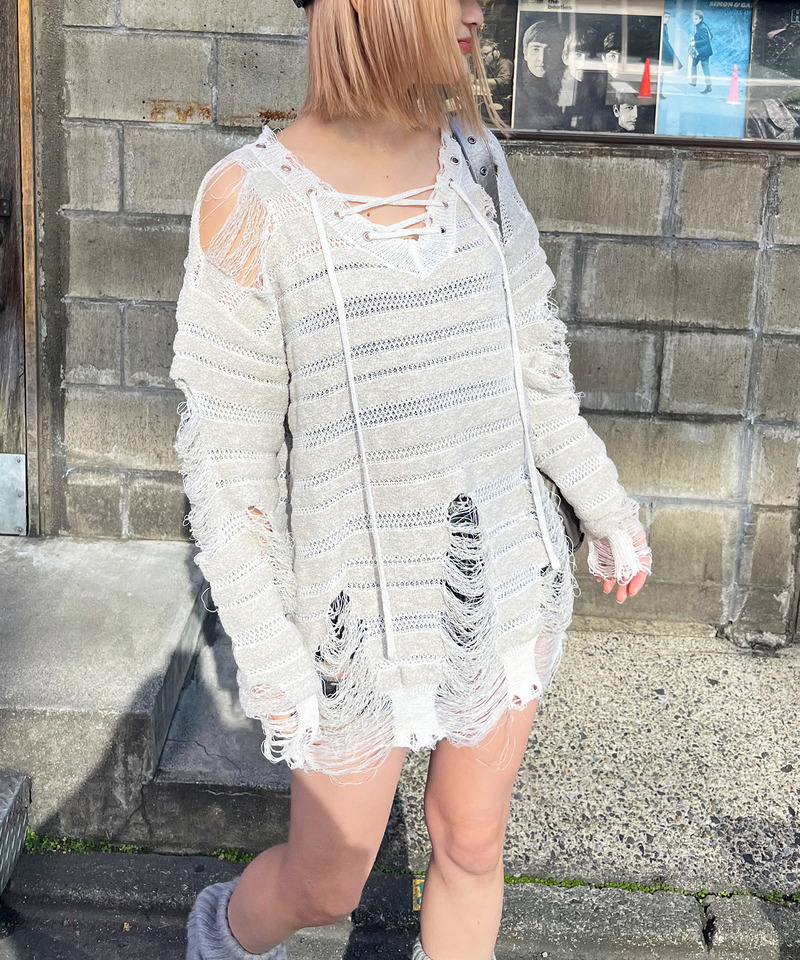 レースアップオーバーニット 詳細画像 グレー系 5