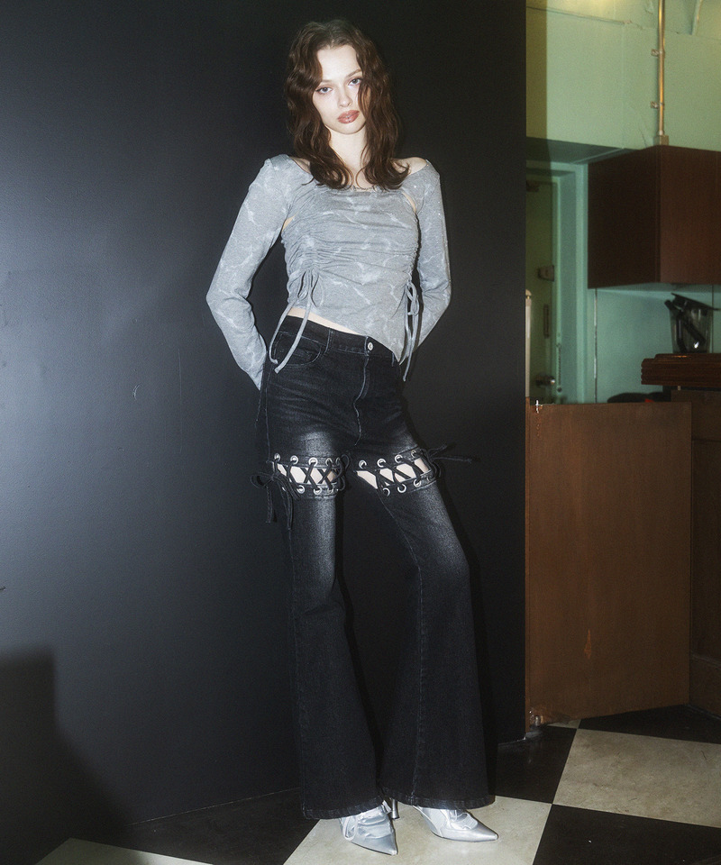 レースアップサイドカットフレアパンツ 詳細画像 ブラックデニム 1