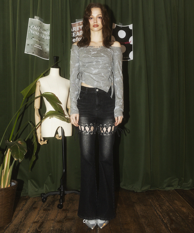 レースアップサイドカットフレアパンツ 詳細画像 ブラックデニム 3