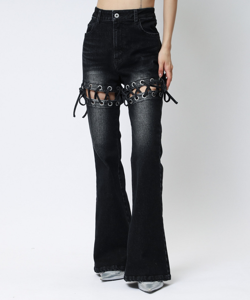 レースアップサイドカットフレアパンツ 詳細画像 ブラックデニム 4