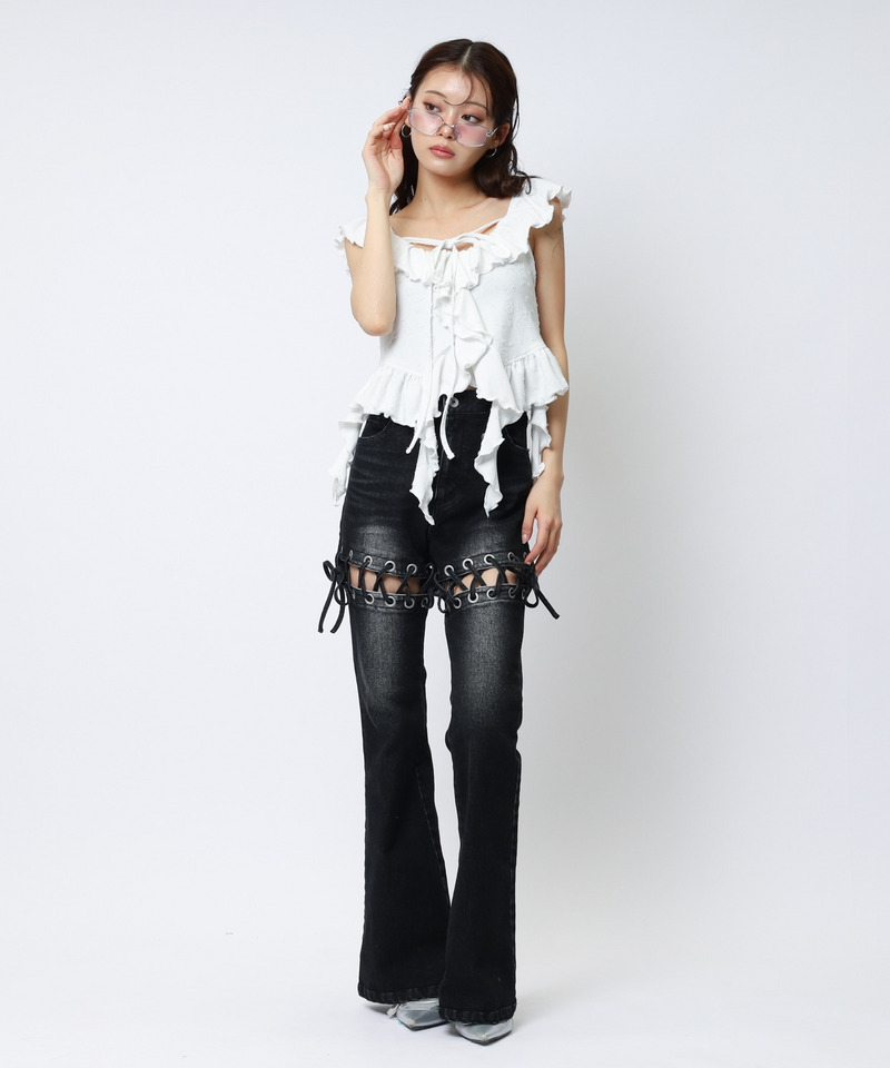 レースアップサイドカットフレアパンツ 詳細画像 ブラックデニム 6