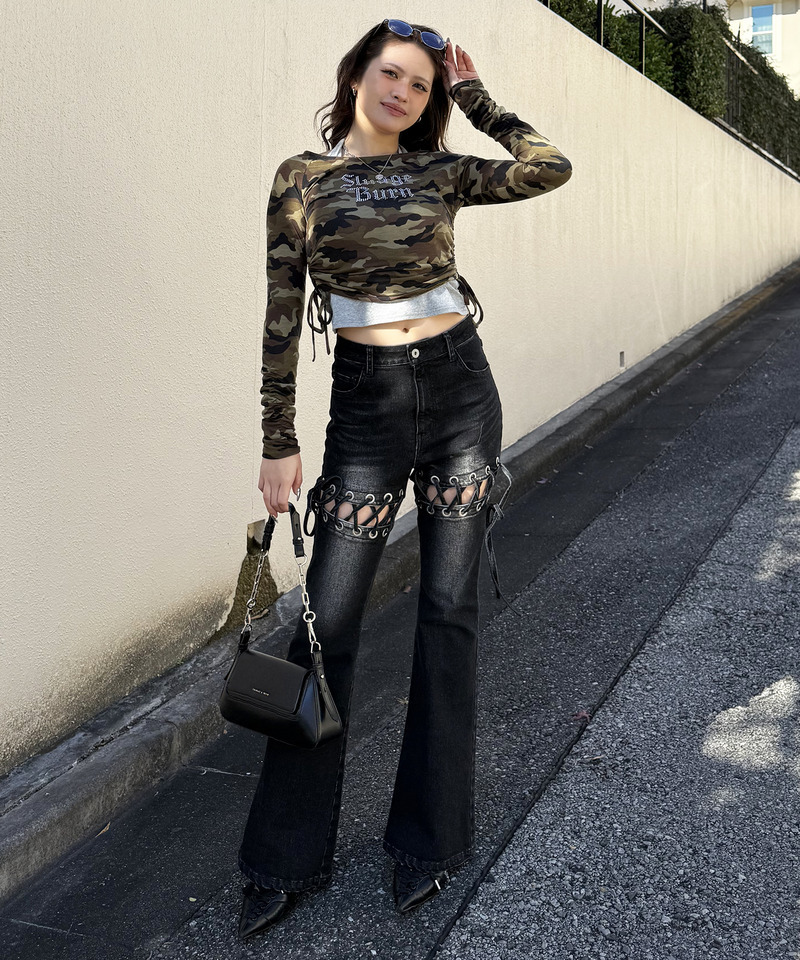 レースアップサイドカットフレアパンツ 詳細画像 ブラックデニム 9