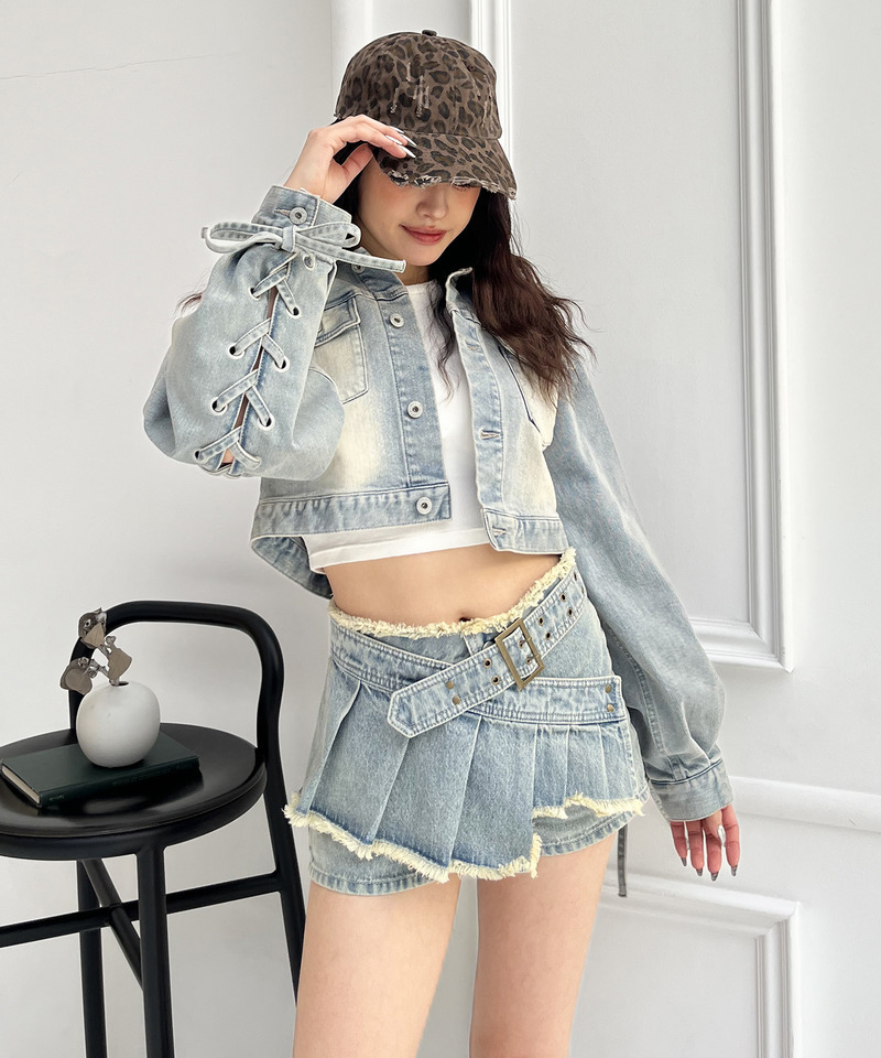 ベルトプリーツデザインショートパンツ 詳細画像 デニムブルー 4